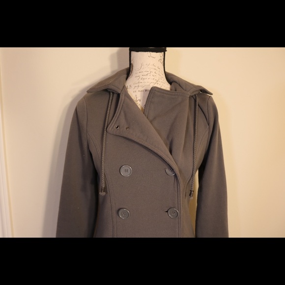 Gray button up pea coat jacket hoodie large - Picture 3 of 5